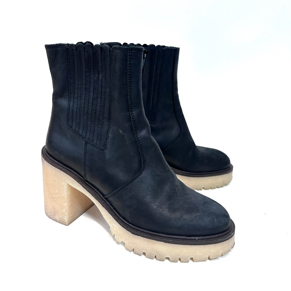 Free People Black Leather Heeled Ankle Boots with Cream Lug Sole